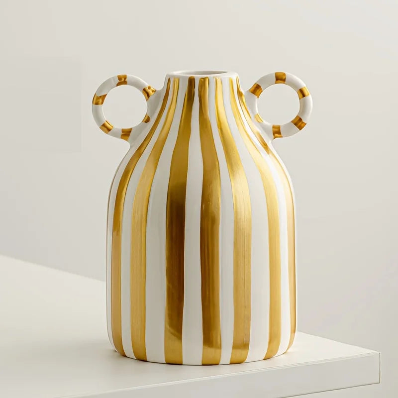 Hand-Painted Ceramic Vase with Dual Handles - Striped, Cylinder Design for Living Room Decor, Earthenware, Decorative Ornaments | 5