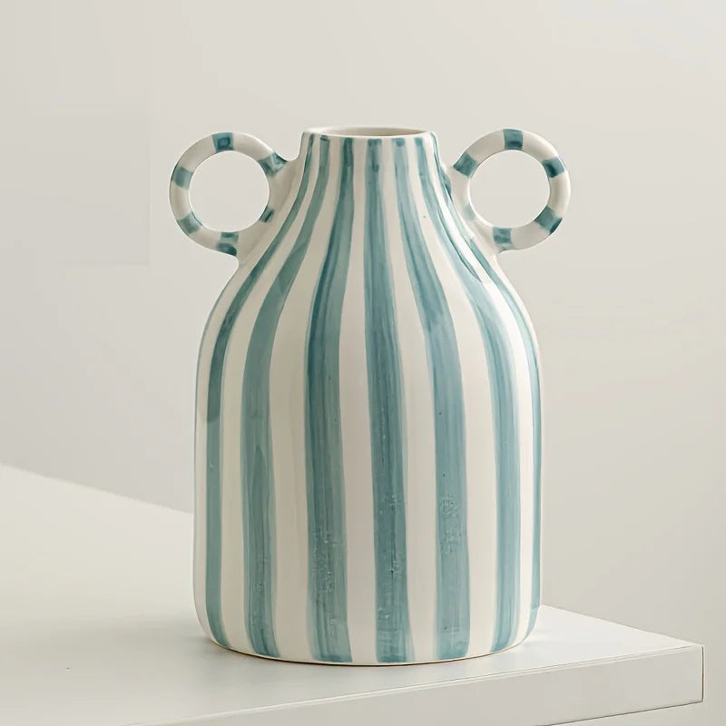Hand-Painted Ceramic Vase with Dual Handles - Striped, Cylinder Design for Living Room Decor, Earthenware, Decorative Ornaments | 4