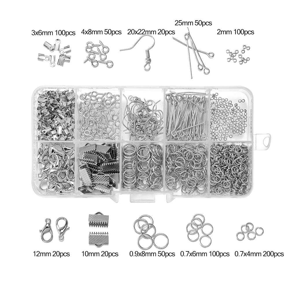 Alloy Accessories Jewelry Findings Set Repair Tools Lobster Clasp Open Jump Rings Earring Hooks for DIY Jewelry Making Supplies | Color:Rhodium-2