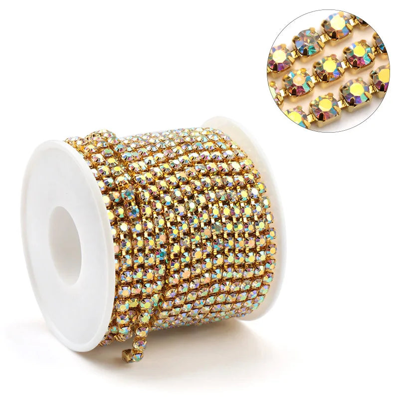 1Yard 10Yards/roll SS6-SS16 Glitter Crystal Rhinestone Chain Sew-On Glue-On For Clothes  DIY Garment Accessories trim Cup Chain | Color:Gold base AB