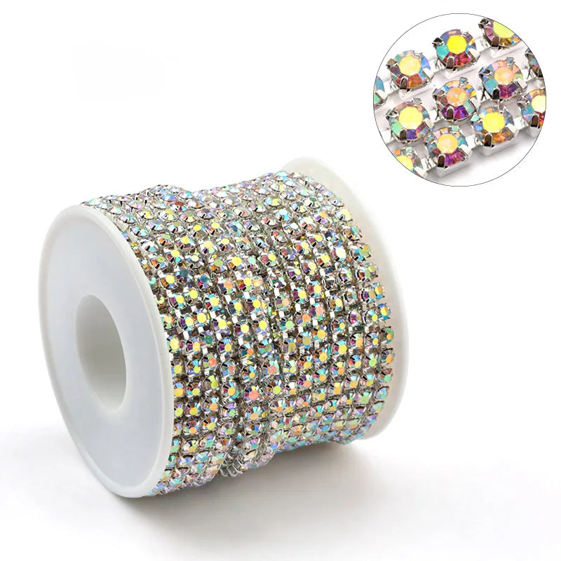 1Yard 10Yards/roll SS6-SS16 Glitter Crystal Rhinestone Chain Sew-On Glue-On For Clothes  DIY Garment Accessories trim Cup Chain | Color:silver base AB