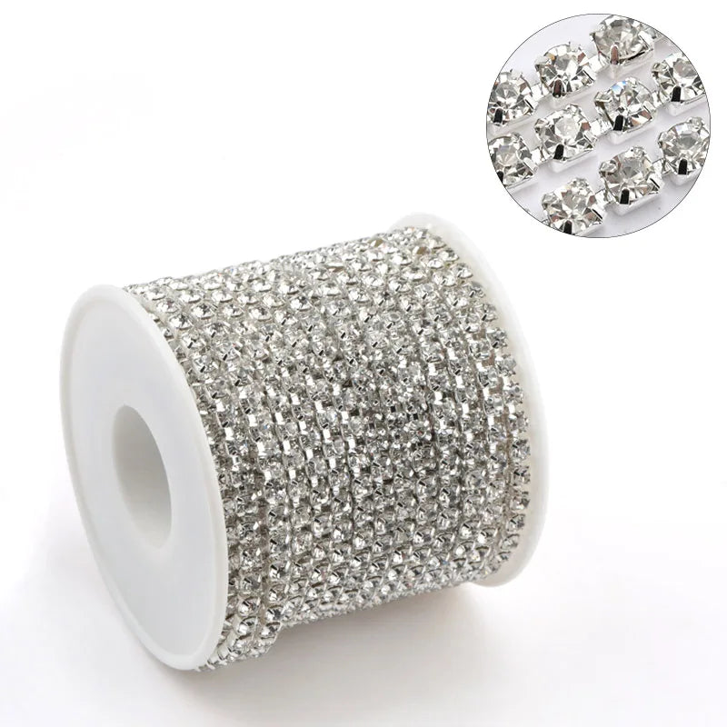 1Yard 10Yards/roll SS6-SS16 Glitter Crystal Rhinestone Chain Sew-On Glue-On For Clothes  DIY Garment Accessories trim Cup Chain | Color:silver base clear