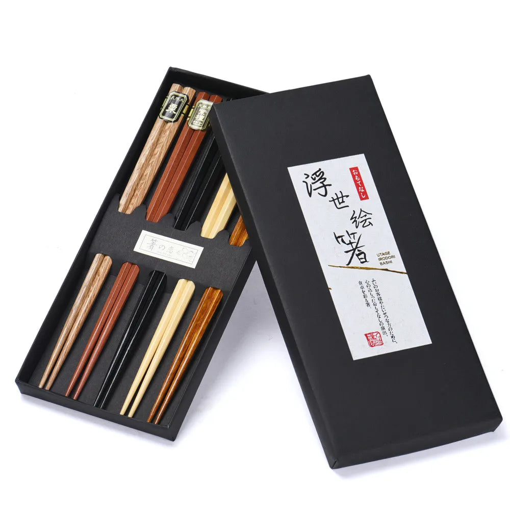 5 PairJapanese Style Wood Chopsticks Reusable Natural Beech Chopsticks Tableware Pizza Noodle Tool Chinese Set | Color:with box