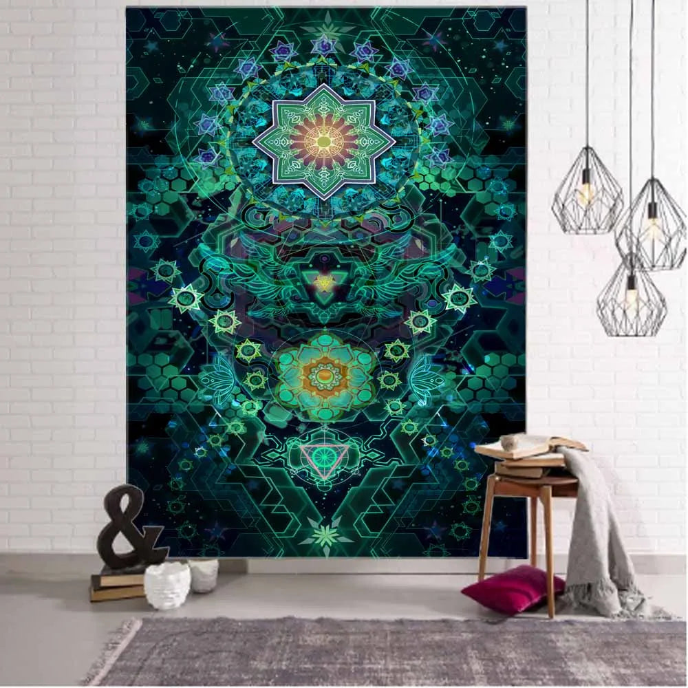 Psychedelic Fractal Art Tapestry Dream Mandala Wall Hanging Witchcraft Boho Hippie Aesthetics Room Decor Home Wall Decor | Color:black