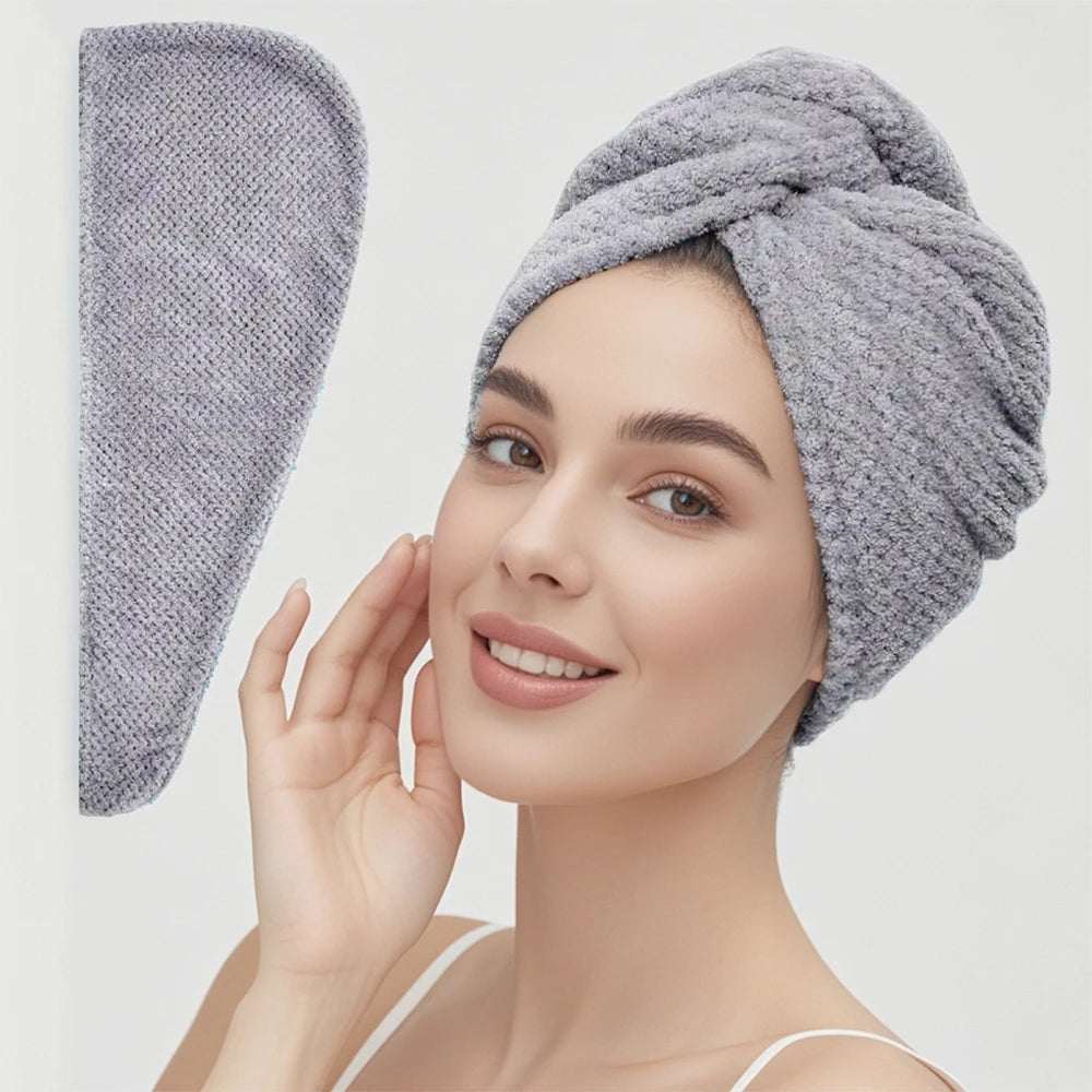 Solid color hair towel Textured dry hair cap 9.8 "X 25.5" absorbent hair towel wrap for button-down women | Color:Grey-up