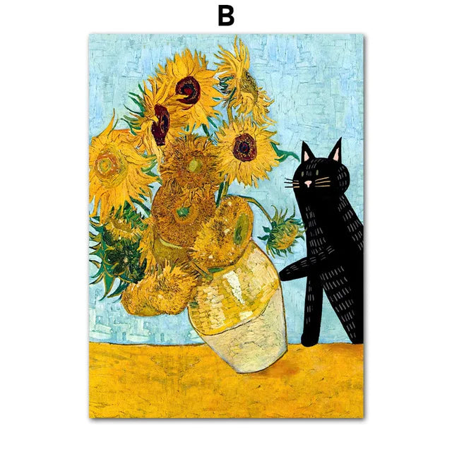 Funny Art Matisse Monet Black Cat Van Gogh Sunflowers Canvas Painting Posters and Prints Wall Pictures for Living Room Decor | Color:B