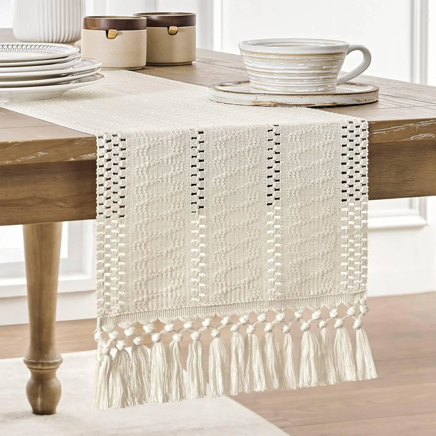 Macrame Style Boho Table Runner, Dresser Runner Cover Top,Ivory Table Runners for Living Room Kitchen Farmhouse Woven Home Decor | Color:Ivory