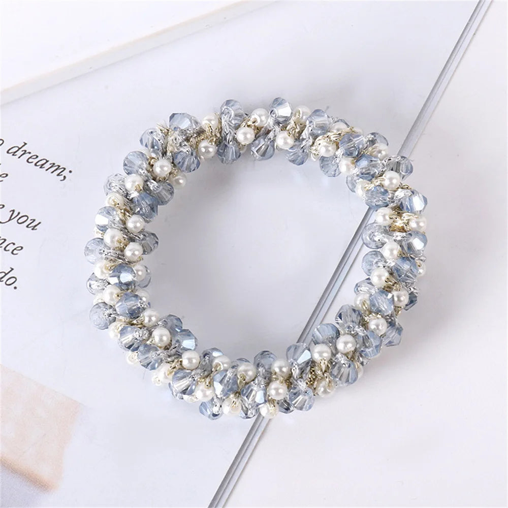 Crystal Hair Ties Boho Elastic Hair Scrunchies Pearl Hair Ropes Bead Ponytail Holders Hair Accessories For Women and Girls | Color:A2-a-SP028-C
