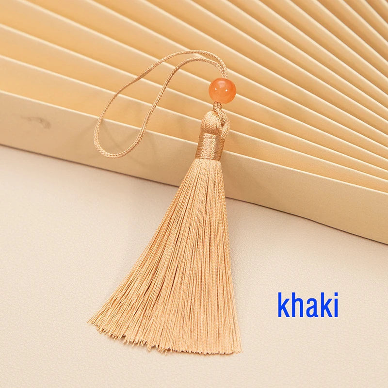 10pcs Tassels For Crafts Silky Tassel Handmade Soft Mini Tassels With Jade Beads for DIY Jewelry Making Bookmarks Crafts Decor | Color:khaki