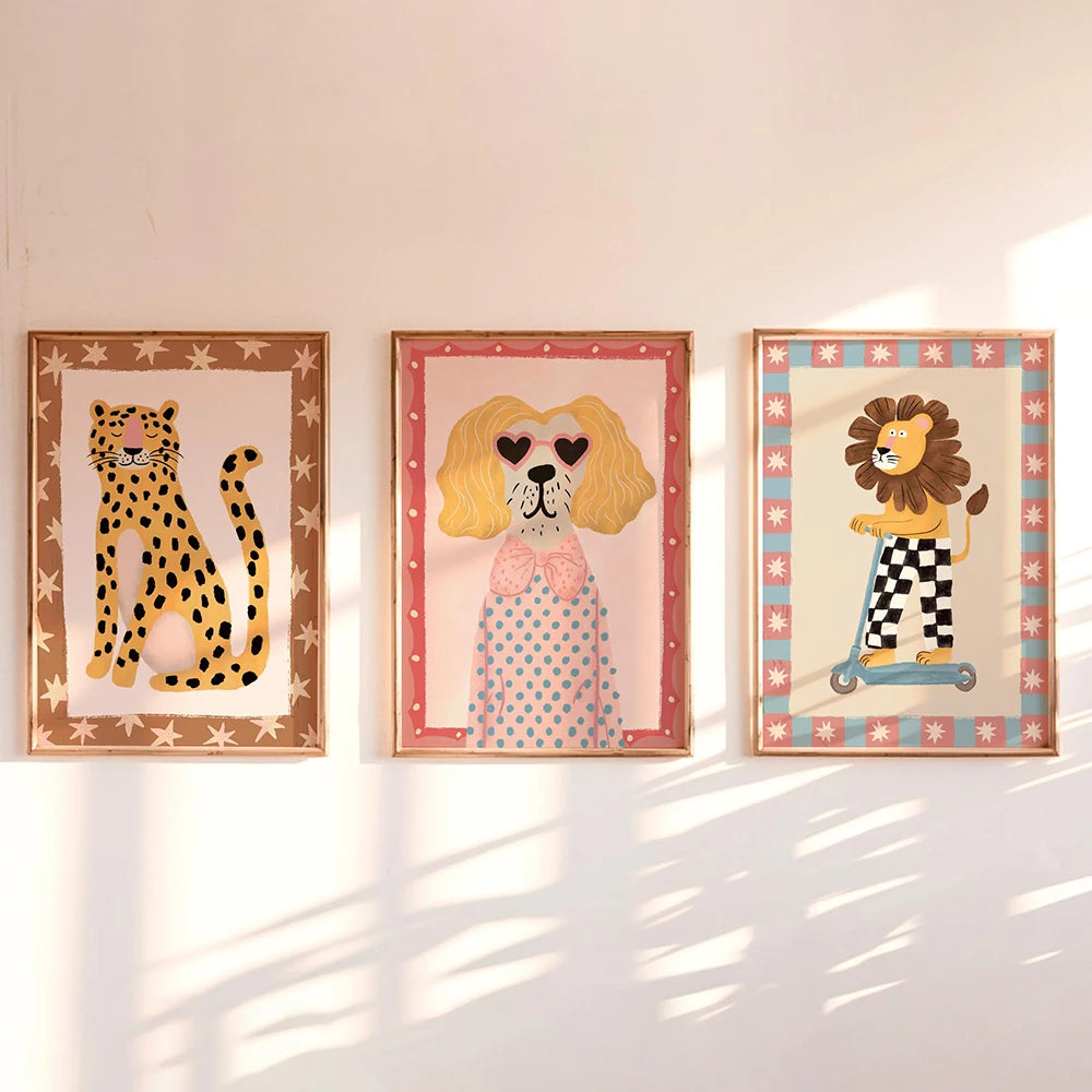 Fashion Dog Lion Leopard Surfer Seagull Poster Animal Wall Art Kids Room Decor Boho Nursery Print Safari Montessori Illustration | 2