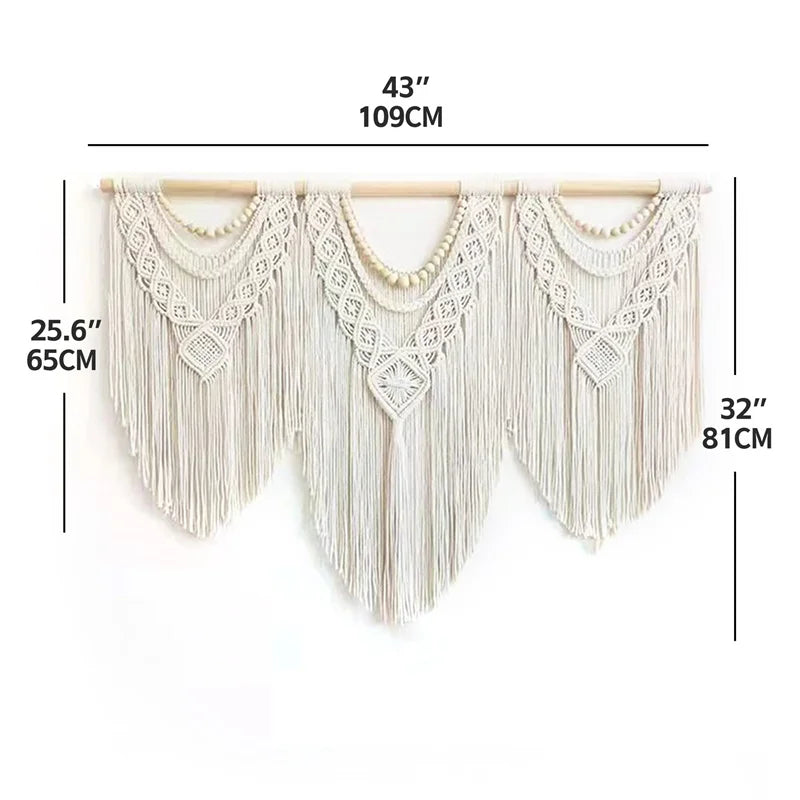 Large Macrame Wall Hanging Tapestry  with  Wooden Stick Hand-Woven Bohemia Tassel Curtain Tapestry  Wedding Backgrou Boho Decor | Color:H with wooden stick