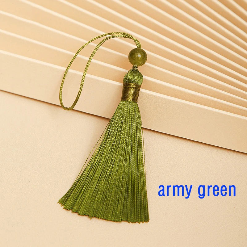 10pcs Tassels For Crafts Silky Tassel Handmade Soft Mini Tassels With Jade Beads for DIY Jewelry Making Bookmarks Crafts Decor | Color:army green