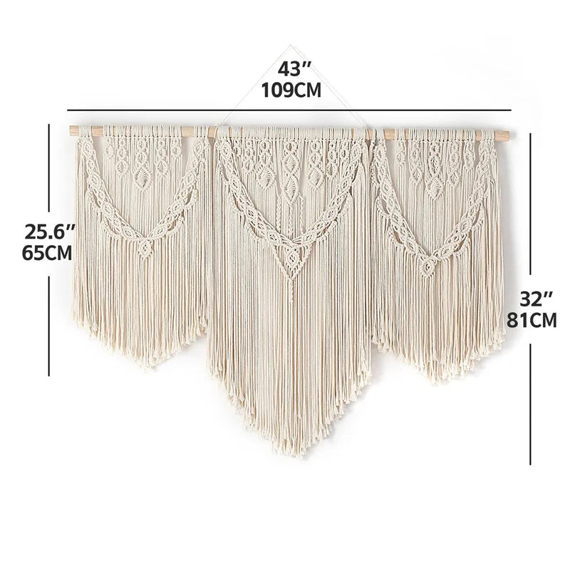 Large Macrame Wall Hanging Tapestry  with  Wooden Stick Hand-Woven Bohemia Tassel Curtain Tapestry  Wedding Backgrou Boho Decor | Color:D with wooden stick