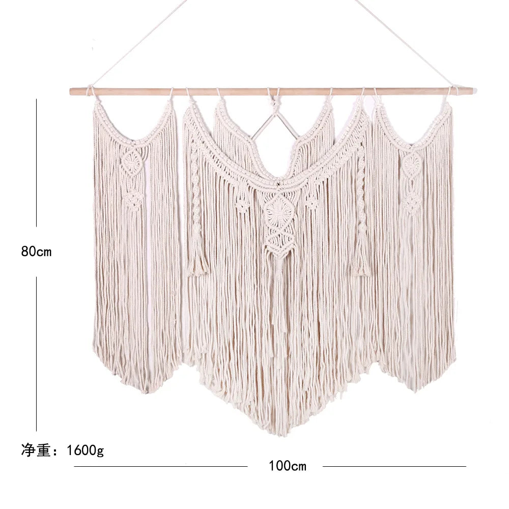 Large Macrame Wall Hanging Tapestry with Wooden Stick Hand-Woven Bohemia Tassel Curtain Tapestry Wedding Backgrou Boho Decor | Color:Z074