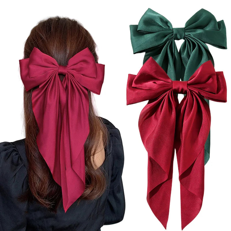 Korean Accessories Hair Clips for Women Girls Big Bowknot Solid Satin Long Ribbon Bows Spring Clamp Barette Cheveux Femme 2023 | Color:S4-2PCS