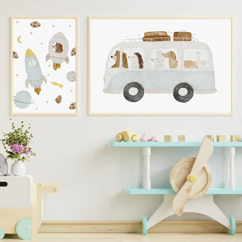 Boho Space Rocket Bear Mouse Hedgehog Custom Name Nursery Wall Art Children's Prints Posters Canvas Painting For Kids Room Decor | 3