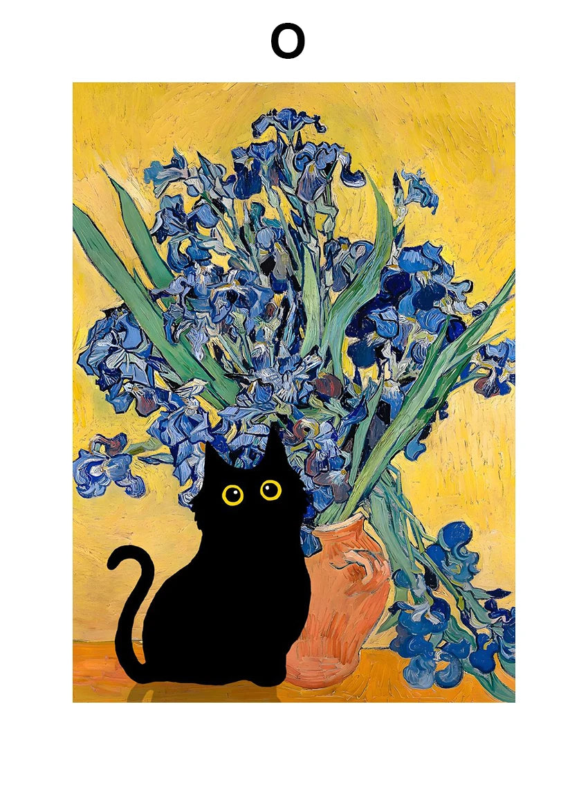 Funny Art Matisse Monet Black Cat Van Gogh Sunflowers Canvas Painting Posters and Prints Wall Pictures for Living Room Decor | Color:O