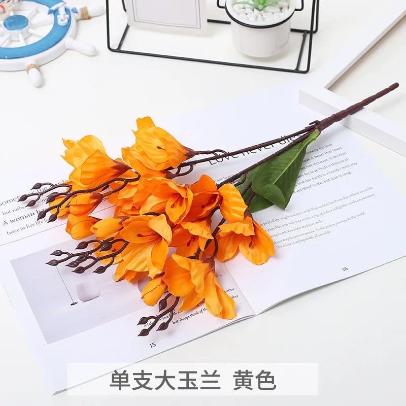 High Quality 5 Forks 20 Head Artificial Magnolia Flower For Home Living Room Table Decoration Bride Wedding Party Flower Bouquet | Color:YELLLOW
