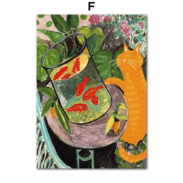 Funny Art Matisse Monet Black Cat Van Gogh Sunflowers Canvas Painting Posters and Prints Wall Pictures for Living Room Decor | Color:F