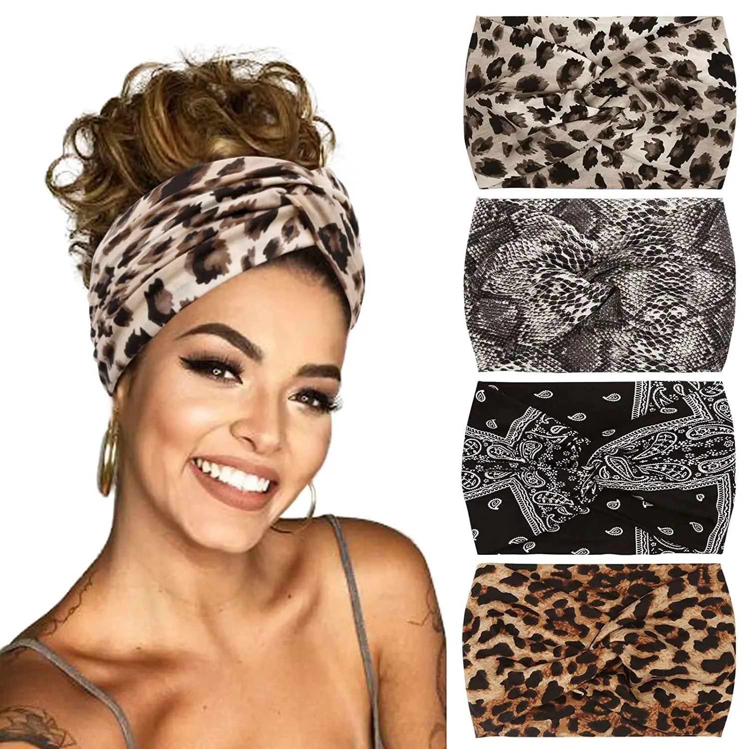 Yoga Headbands For Women's Hair Wide Thick Stretchy Boho African Turban Knotted Leopard Head Bands | 0