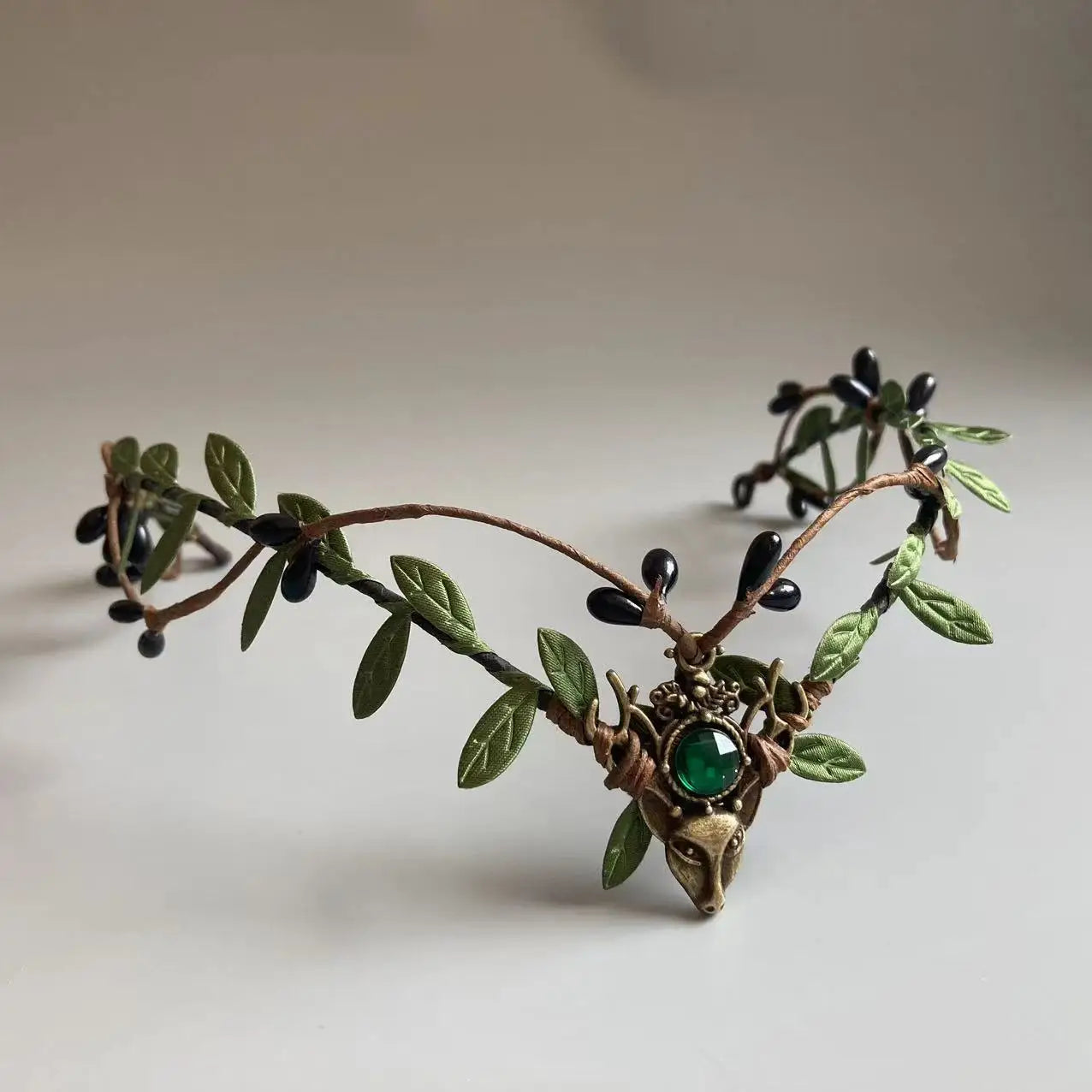 Elf Crown  Minimalist Woodland Tiara Deer Antlers Elven Headpiece Festival Boho Wedding Bride Fairy Costume Circlet Renaissance | Color:ELF35green gem