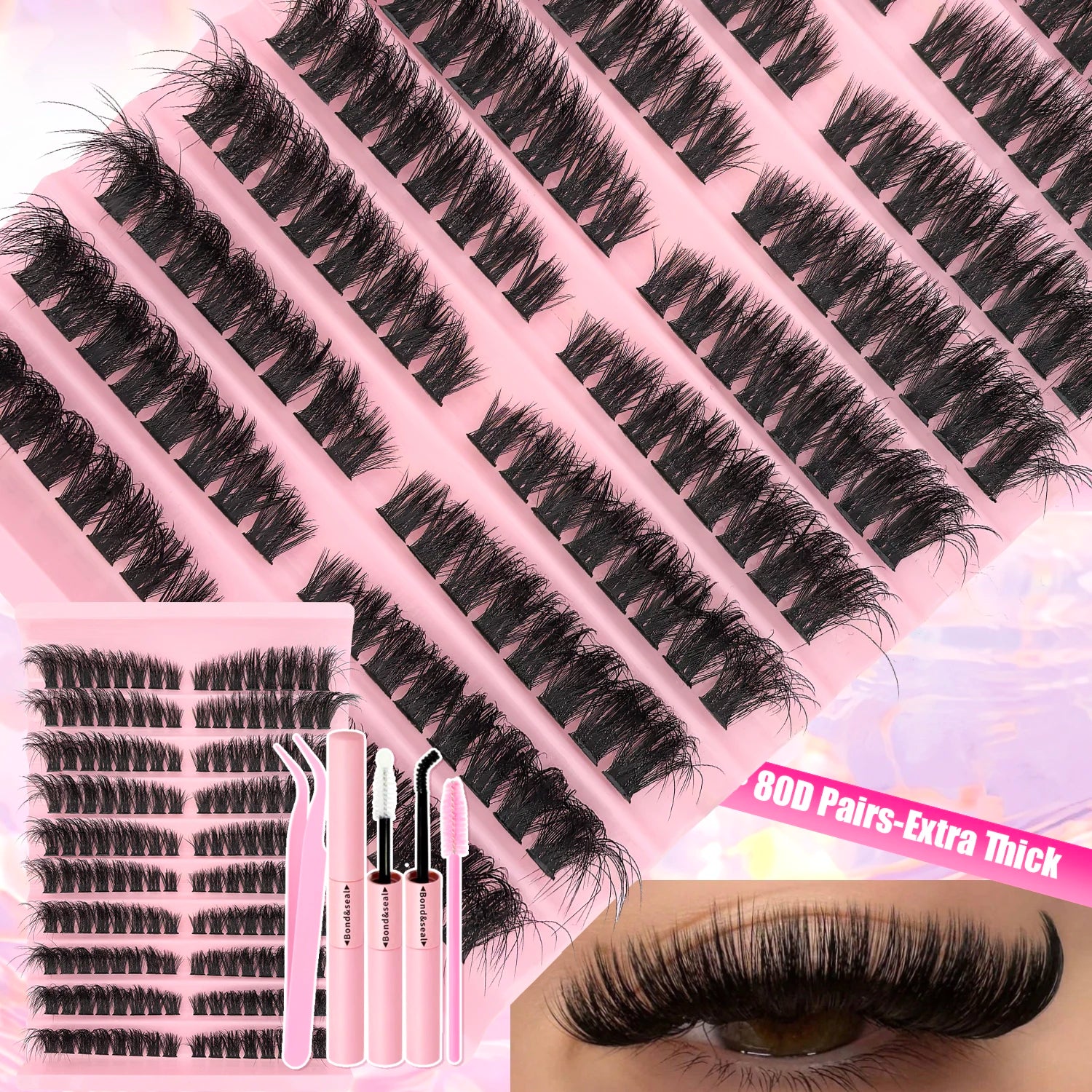 DIY Lash Extension Kit Clusters Individual Eyelashes Kit 9-16mm with Bond and Seal Wispy Natural Mange Lashes | Color:80D Fluffy