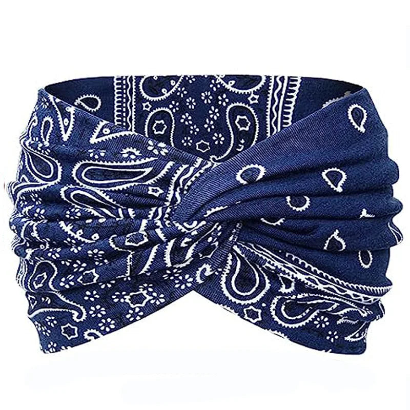 Yoga Headbands For Women's Hair Wide Thick Stretchy Boho African Turban Knotted Leopard Head Bands | Color:navy blue cashew