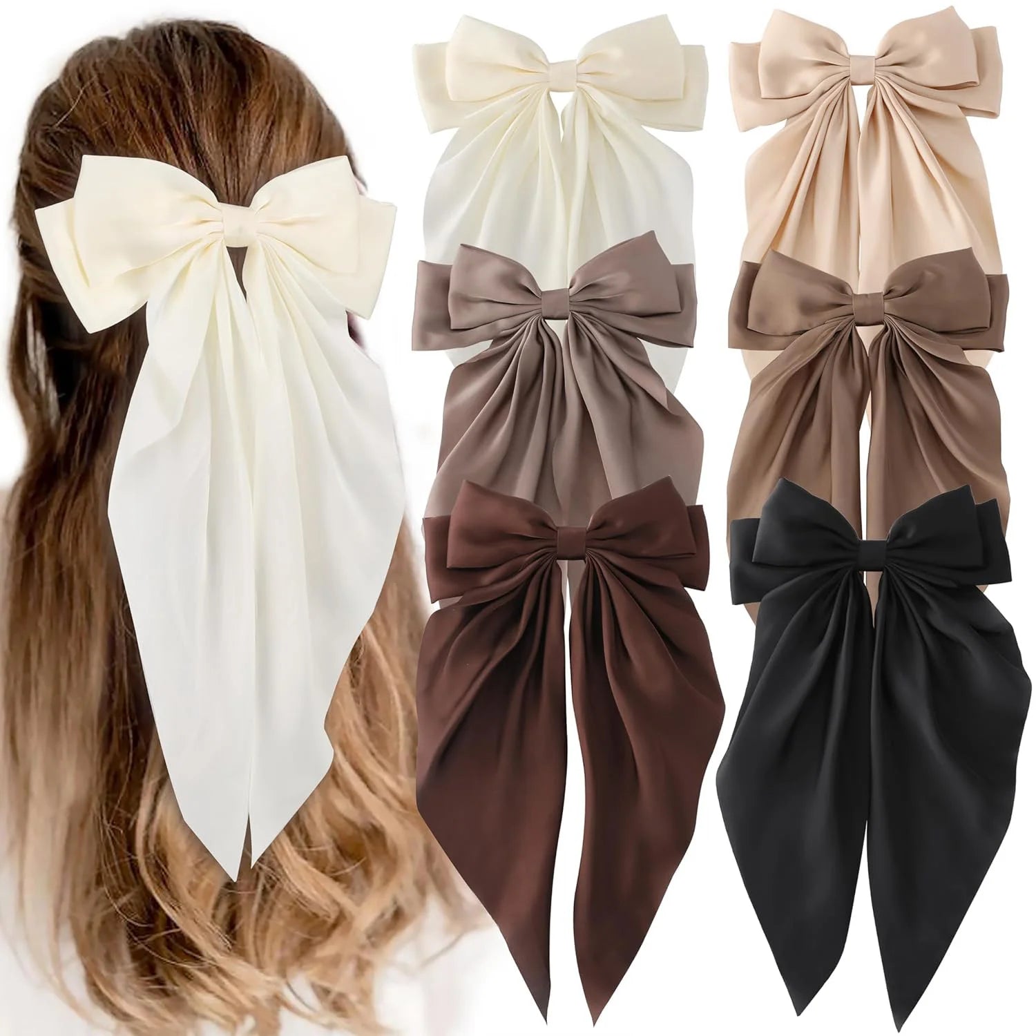 Korean Accessories Hair Clips for Women Girls Big Bowknot Solid Satin Long Ribbon Bows Spring Clamp Barette Cheveux Femme 2023 | Color:S12-6PCS