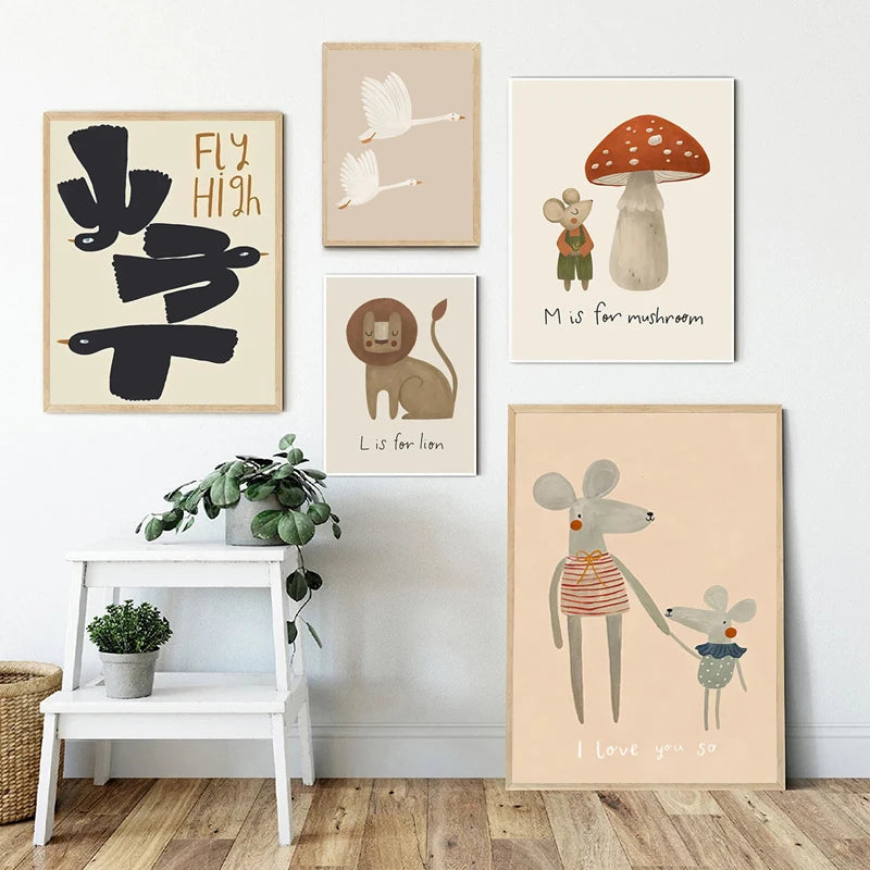 New Boho Cartoon Rabbit Mouse Goose Nurser Art Canvas Painting Nordic Retro Poster and Prints Wall Picture Baby Kids Room Decor | 4