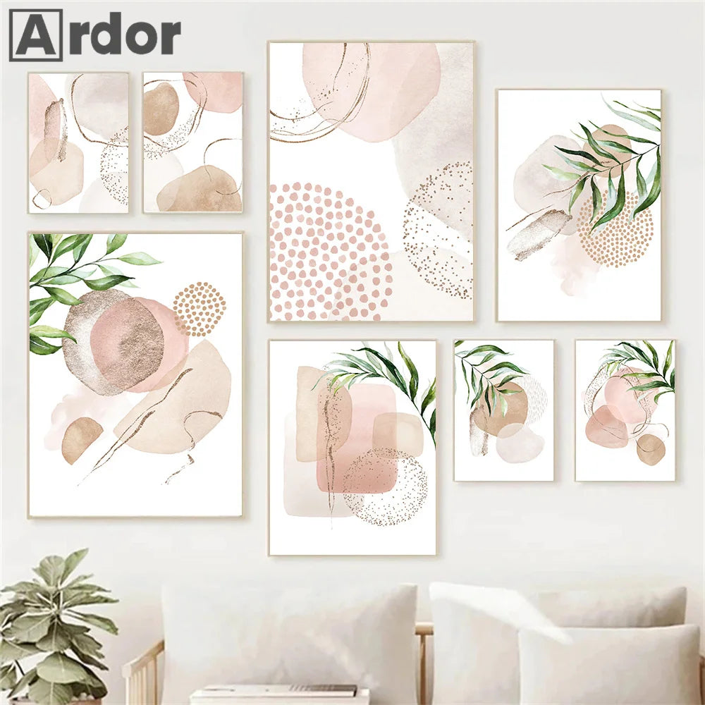 Modern Abstract Beige Pink Geometric Green Leaf Minimalist Poster Canvas Painting Boho Wall Art Print Pictures Living Room Decor | 0