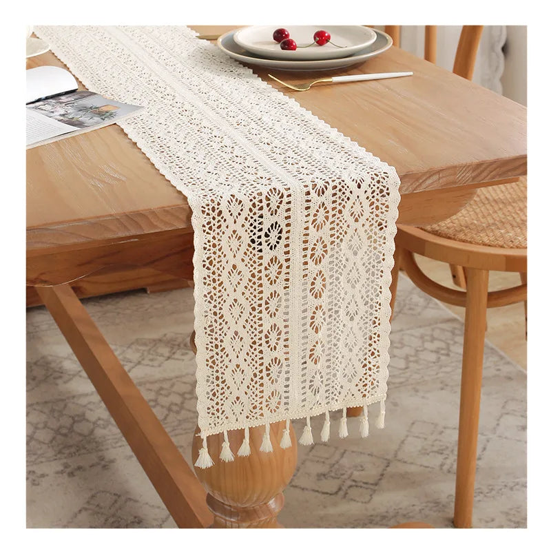 Boho Beige Table Runner, Vintage Farmhouse Bohemian Crochet Macrame Table Runner for Wedding Party Coffee Dining Table Decor | 2