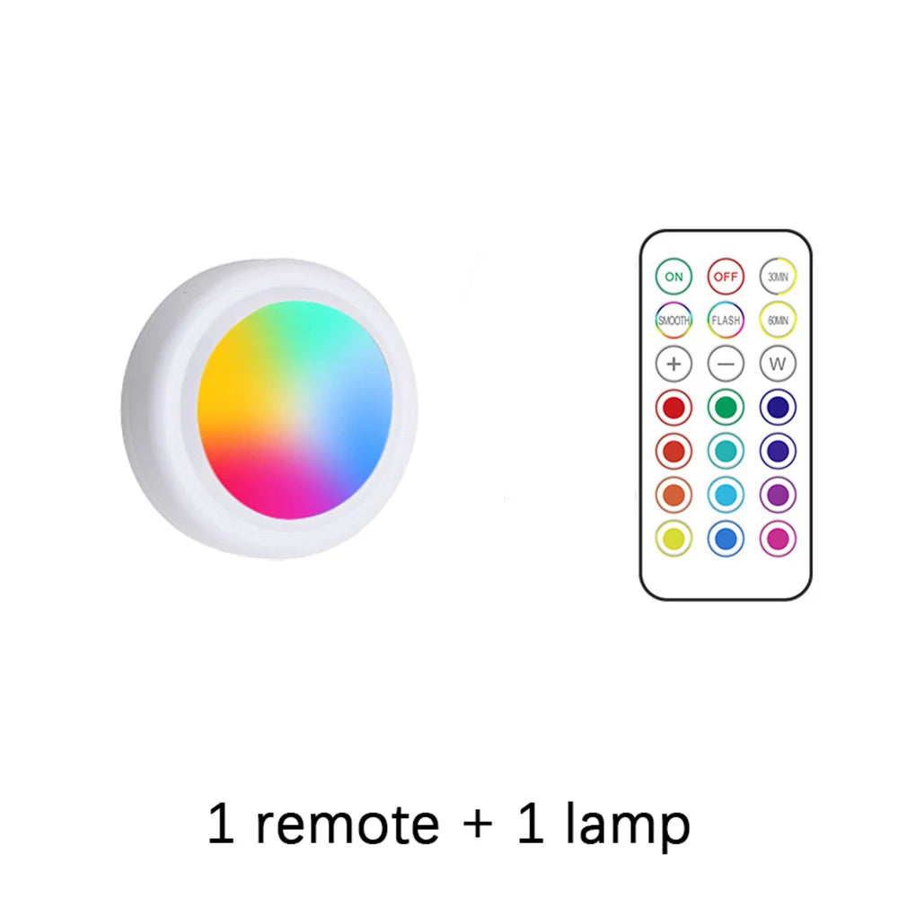 RGB LED Under Cabinet Lights with Remote Control Battery Powered Wireless Dimmable Night Lamp LED Lights for Home Wardrobe Light | Color:1 remote 1 light