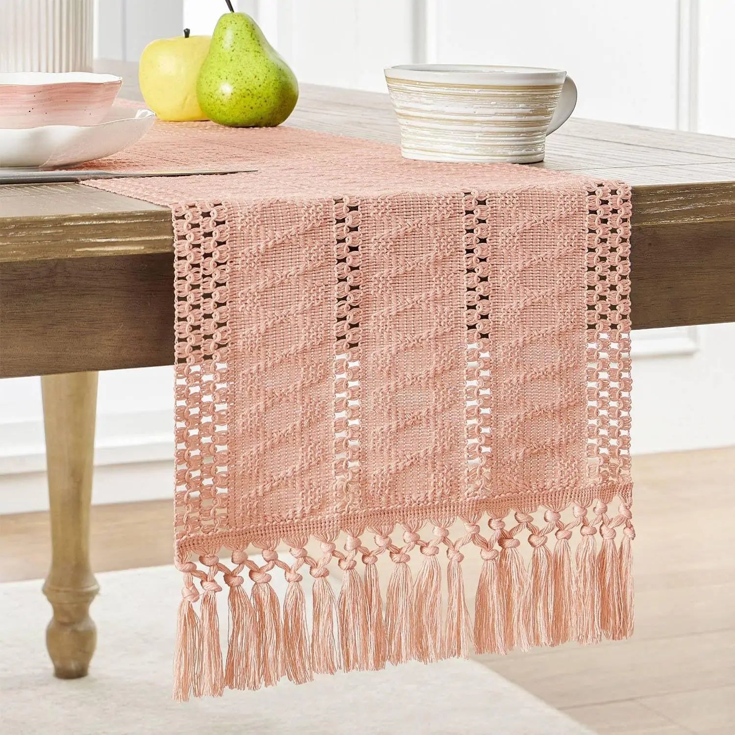 Macrame Style Boho Table Runner, Dresser Runner Cover Top,Ivory Table Runners for Living Room Kitchen Farmhouse Woven Home Decor | Color:Pink