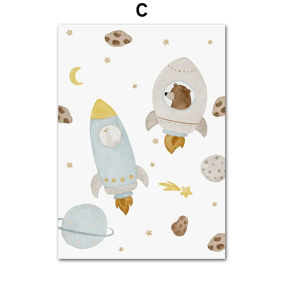 Boho Space Rocket Bear Mouse Hedgehog Custom Name Nursery Wall Art Children's Prints Posters Canvas Painting For Kids Room Decor | Color:C