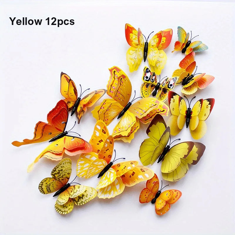 12pcs 3D Double Layer Butterflies Wall Stickers Living Room Decor Wedding Kids Room Decoration DIY Wall Art Magnet Stickers | Color:Yellow