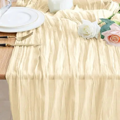 90x300cm Brown Cheesecloth Table Runners Boho Sheer Tablecloth for Wedding Shower Birthday Bridal Party Home Dinning Decoration | Color:beige