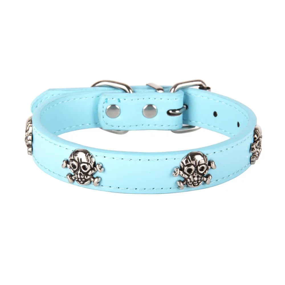 I Have Date With Pet Leather Skull Dog Accessories Dog Collar Personalized Cat Strap for Small Medium Dogs Red Blue Pet Supplies | Color:Blue