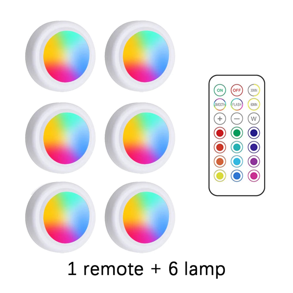 RGB LED Under Cabinet Lights with Remote Control Battery Powered Wireless Dimmable Night Lamp LED Lights for Home Wardrobe Light | Color:1 remote 6 lights