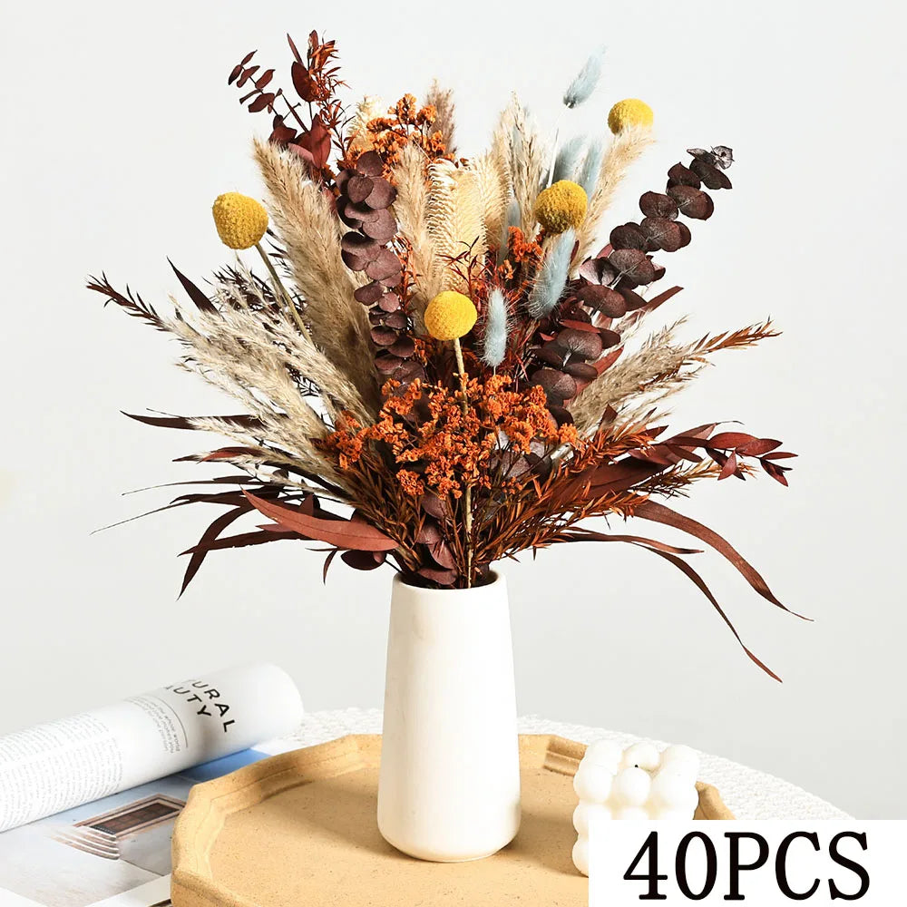 40pcs Preserved Flowers Orange Eucalyptus Pampas Bouquets Tropical Boho Home Decor Artificial Plants Fall Wedding Arrangement | Color:A