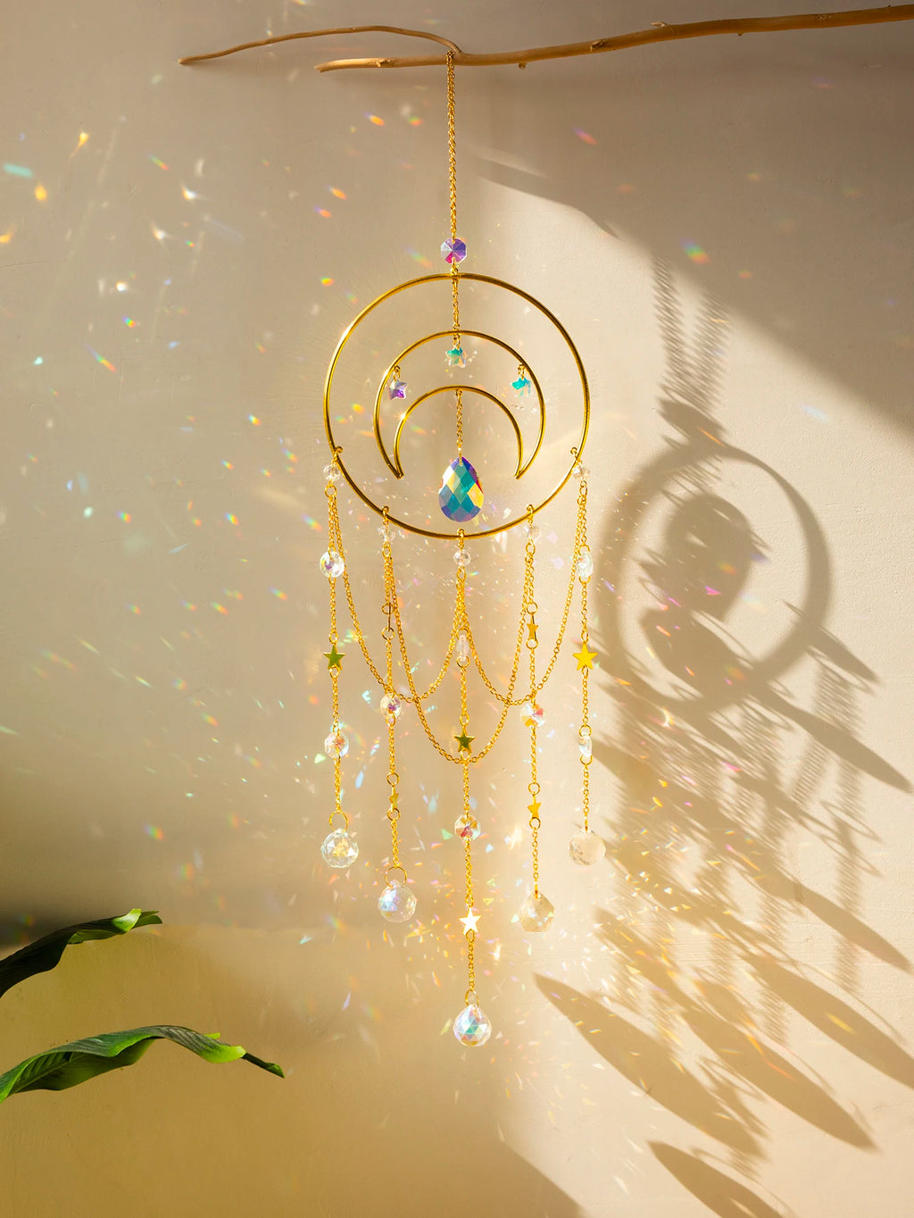Suncatcher Crystal Moon Hanging Stained Glass Crystal Prism Boho Home Decoration Chandelier Crystal Garden Decoration Outdoor | Color:Suncatcher MS6245
