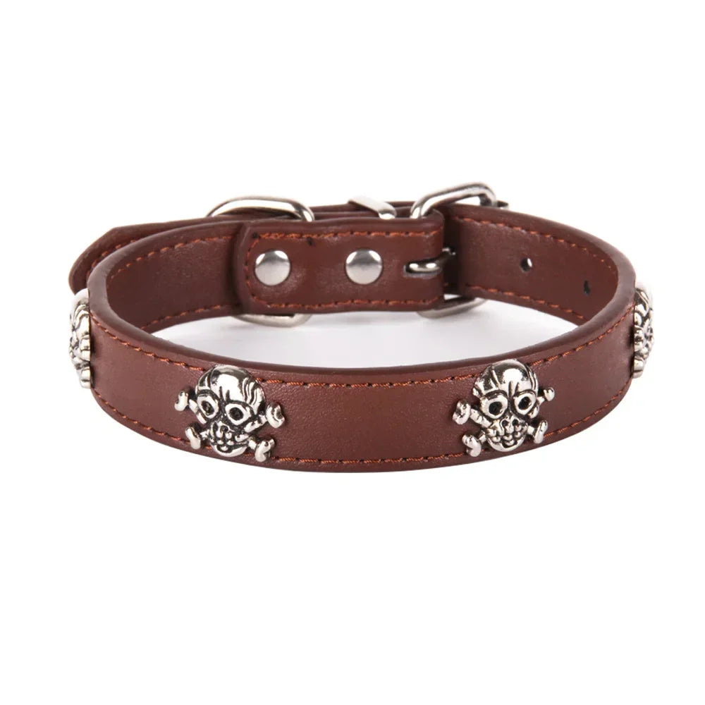 I Have Date With Pet Leather Skull Dog Accessories Dog Collar Personalized Cat Strap for Small Medium Dogs Red Blue Pet Supplies | Color:Brown