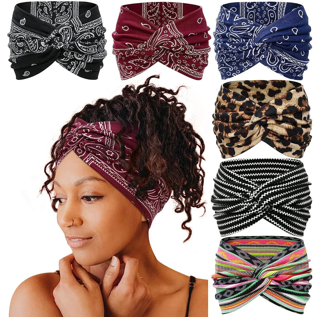 Yoga Headbands For Women's Hair Wide Thick Stretchy Boho African Turban Knotted Leopard Head Bands | 4