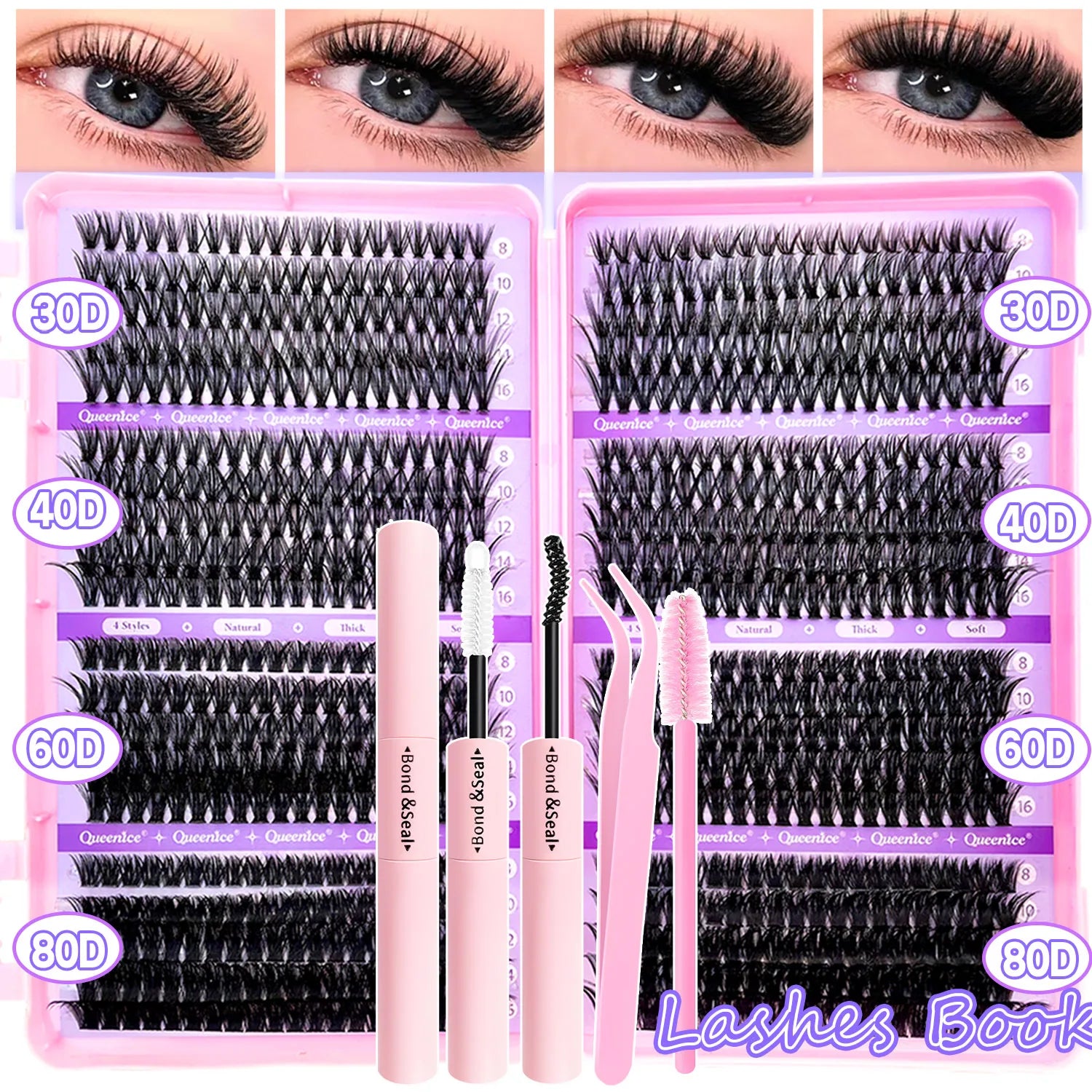 DIY Lash Extension Kit Clusters Individual Eyelashes Kit 9-16mm with Bond and Seal Wispy Natural Mange Lashes | Color:30D40D60D80D Kit