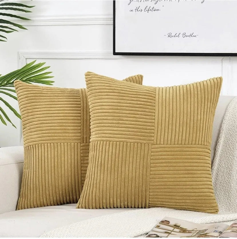 Splicing Cushion Cover Boho Decorative Corduroy Throw Pillow Covers 18x18 Inch for Couch Bed Sofa Room Farmhouse Fall Home Decor | Color:Yellow