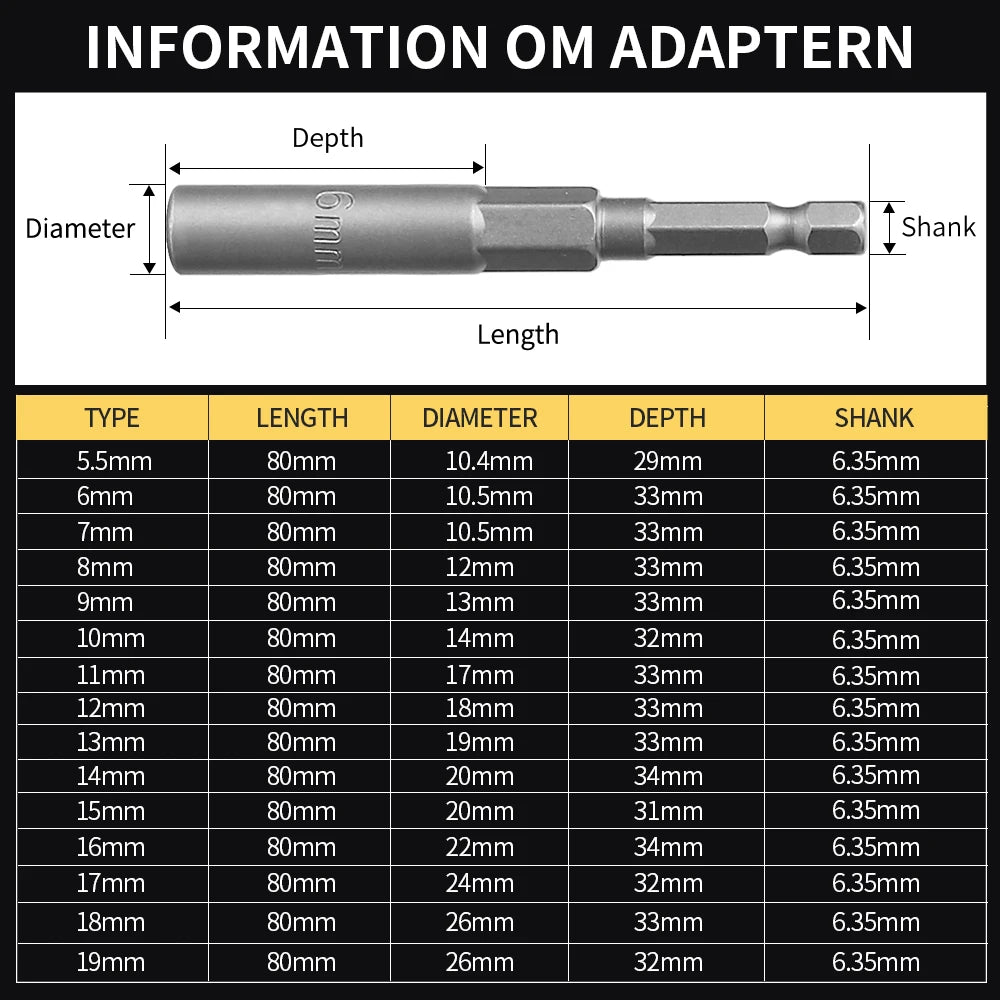 Length Deepen Impact Socket Adapter 5.5-19mm Power Nut Driver Socket Set 1/4-inch Hex Shank Screwdriver Key Head Hand Tool Set | 1