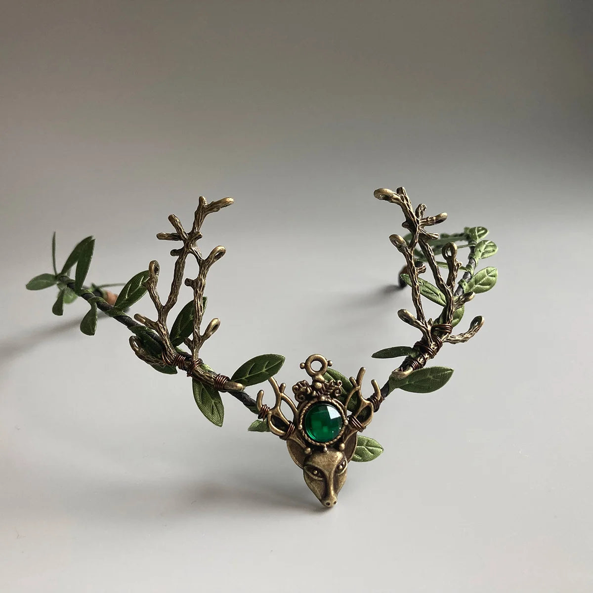 Elf Crown  Minimalist Woodland Tiara Deer Antlers Elven Headpiece Festival Boho Wedding Bride Fairy Costume Circlet Renaissance | Color:ELF16 green gem