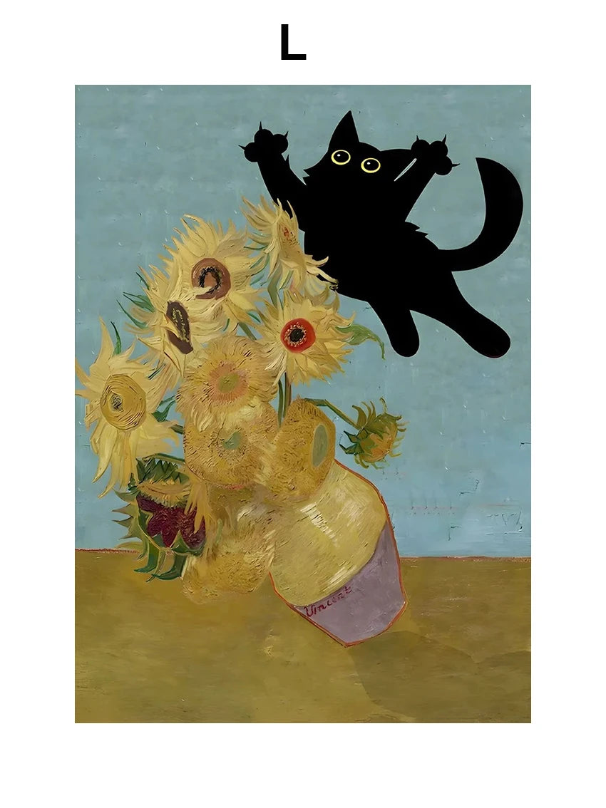 Funny Art Matisse Monet Black Cat Van Gogh Sunflowers Canvas Painting Posters and Prints Wall Pictures for Living Room Decor | Color:L