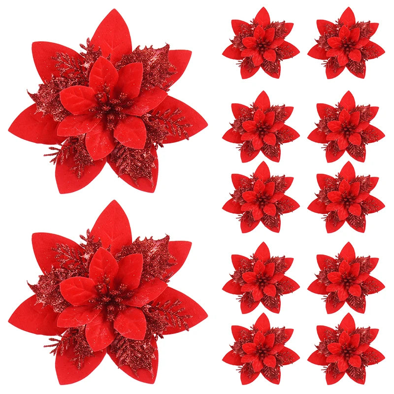 5/10Pcs Glitter Pink Christmas Flowers Xmas Tree 14cm Artifical Flower Ornaments 2025 Christmas Decoration For Home New Year | Color:Red