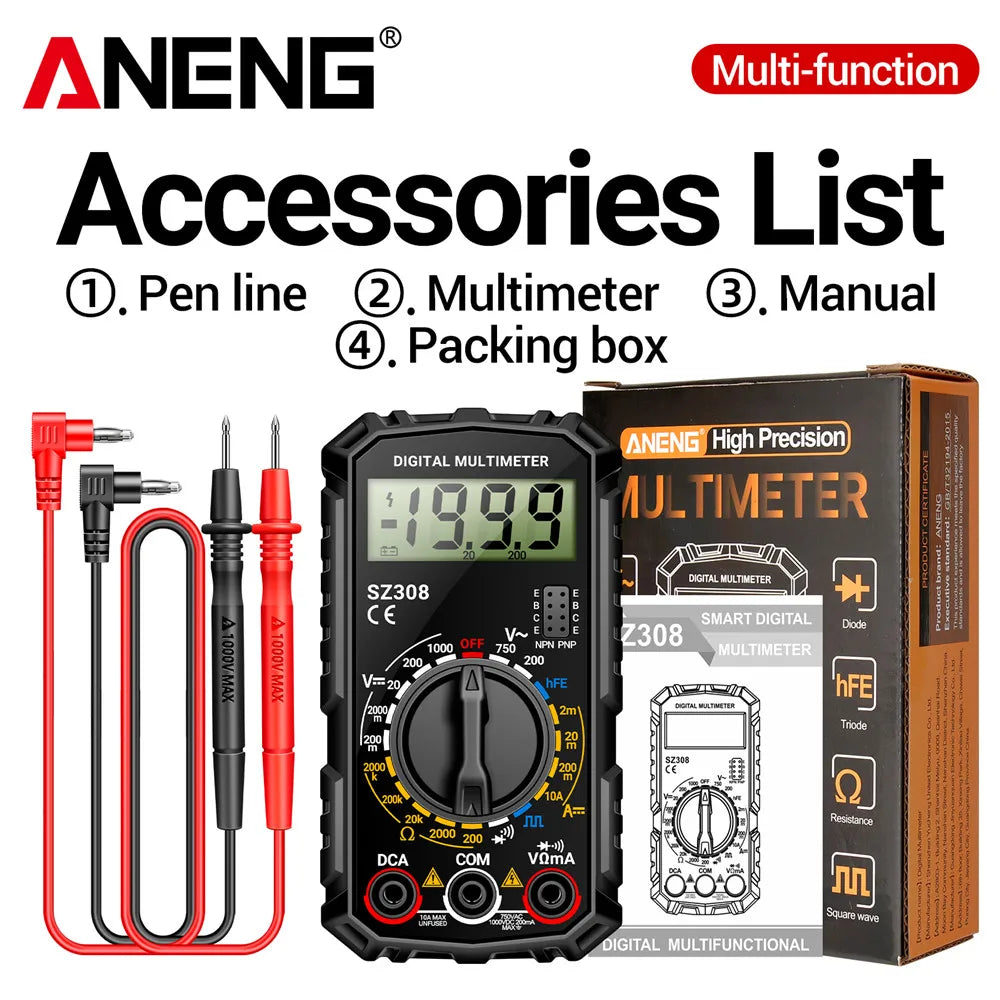 ANENG SZ308 Digital Multimeter   AC/DC Current Meter Voltage Resistance Meter Electrician LCD Backlight Ohm Square Wave Test | Color:SZ308 black