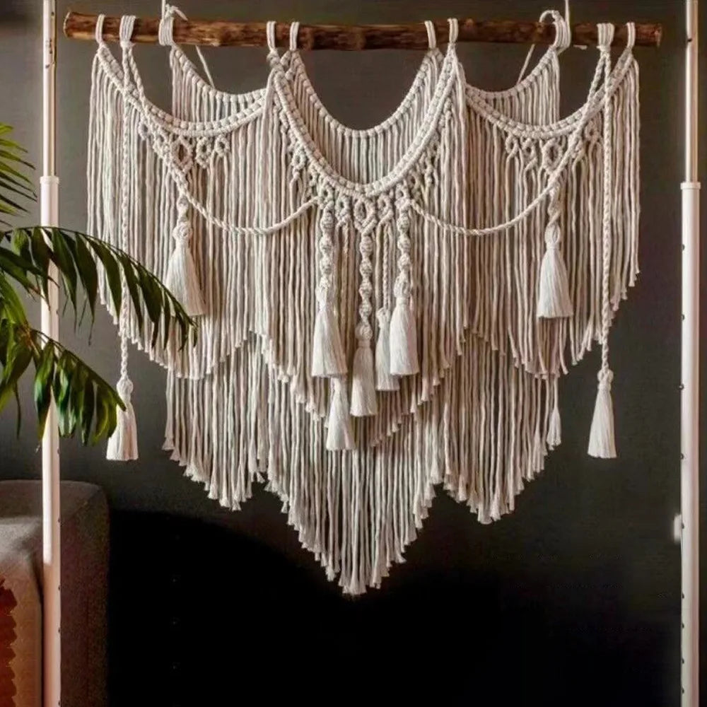 Large Macrame Wall Hanging Tapestry with Wooden Stick Hand-Woven Bohemia Tassel Curtain Tapestry Wedding Backgrou Boho Decor | 3
